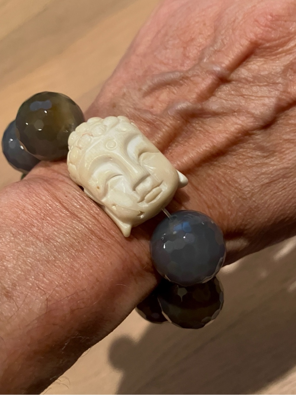 Buddha Bead Stretch Bracelet - Gray and Cream